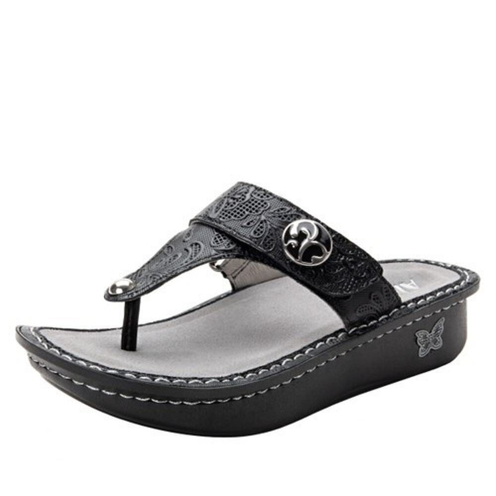 NEW Alegria Women's 8.5-9 Carina Thong Sandals Hello Doily BLACK Size 38